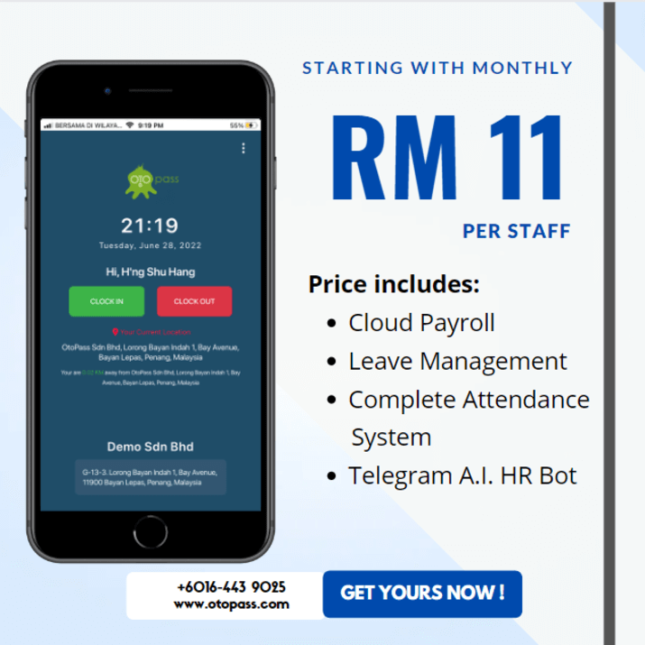 OtoAttendance is mobile attendance application with geo-fencing feature. Employees can clock in or out from specified location easily and HR personnel can get realtime employees attendance.